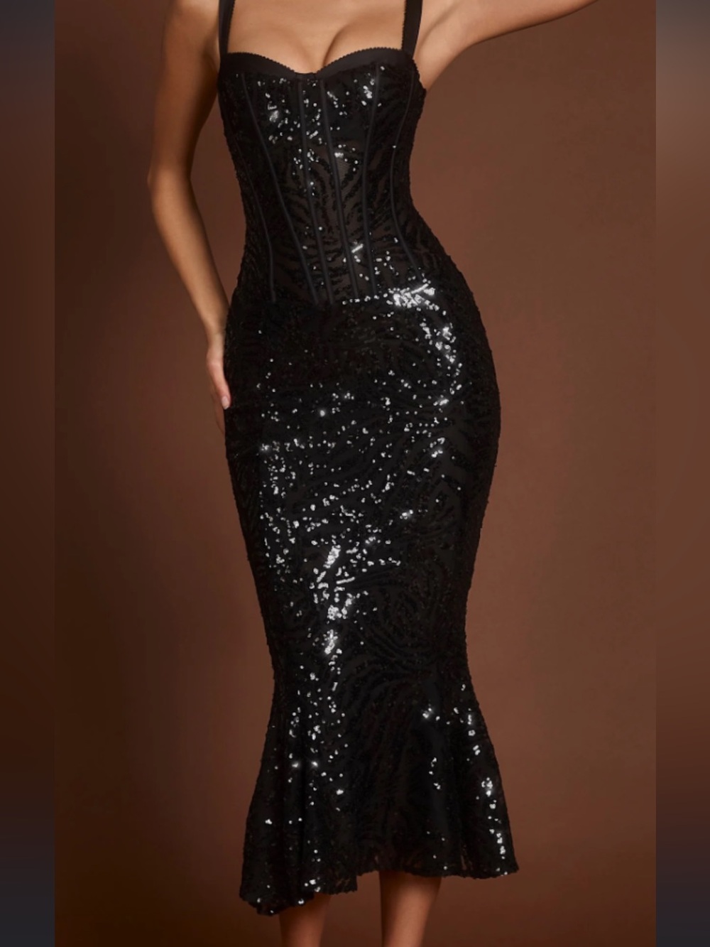 Oh Polly Black Sequin Corset-Style Midi Dress